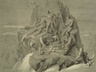 Resting on a Ledge, from Ten Scenes in the Last Ascent of Mont Blanc Including Five Views from the Summit by English School